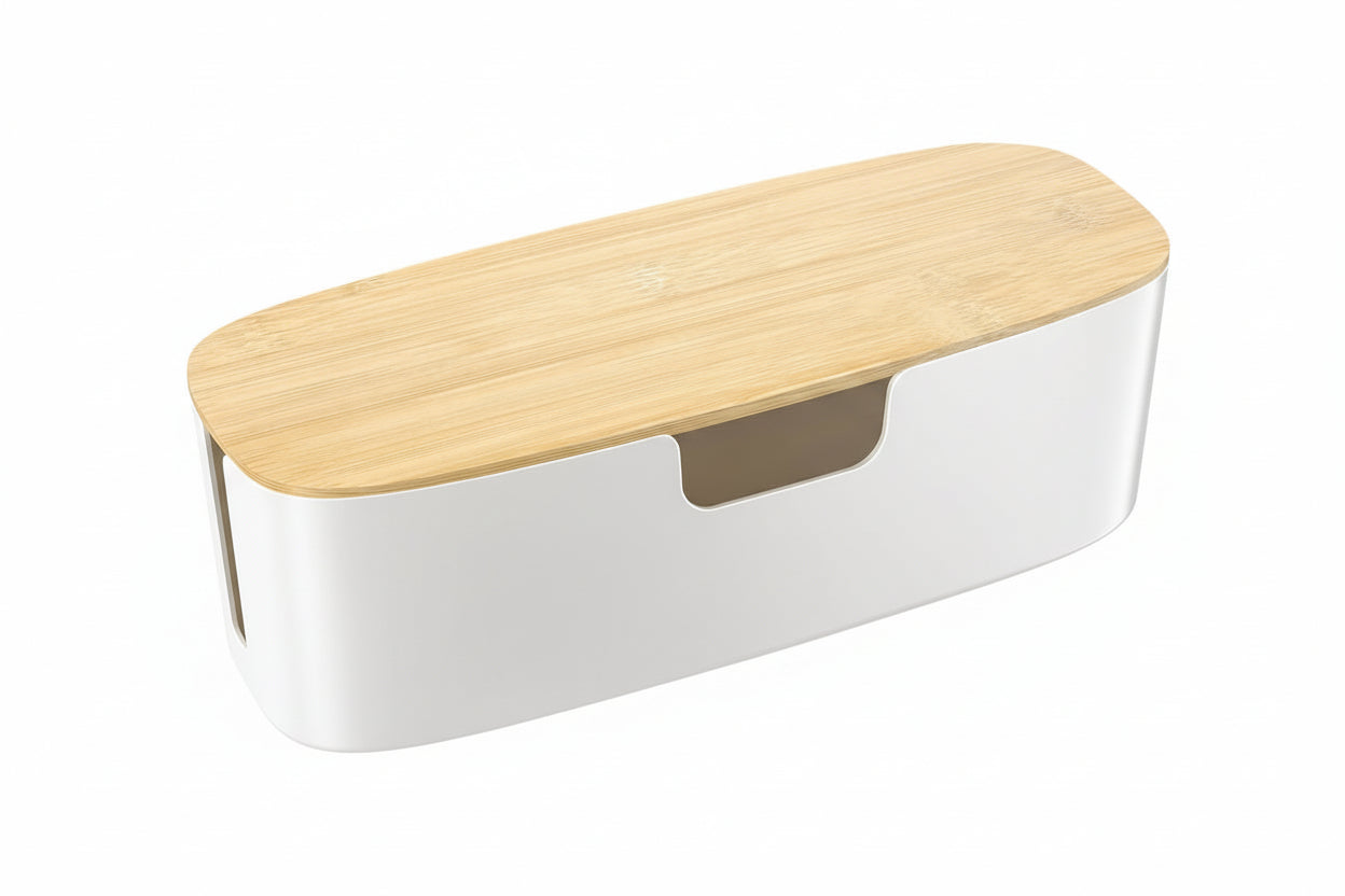 Large Cable Management Box - Cord Organize Box with Bamboo Lid for Safe Home & Office, Cord Hider for Power Strip under Desk, Cover TV Wires, Child & Pet Proof Cord Box, White