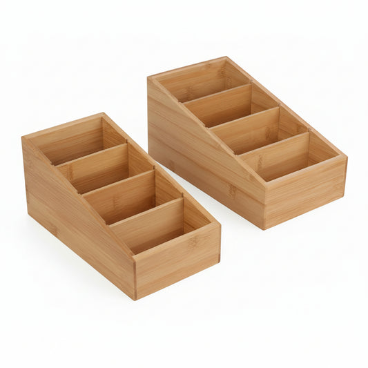 4-Section Snack Organizer with Removable Dividers for Kitchen, Cabinet, Office, Countertop, 2 Pack Bamboo Pantry Storage Organization for Spice Packets, Seasoning Pouches, Coffee Pods