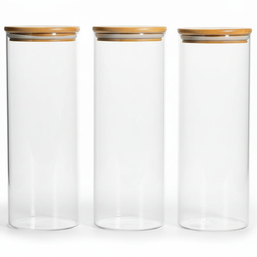 Glass Spaghetti Pasta Storage Container with Lids 2 Qt Set of 3, Tall Clear Airtight Food Storage Jar with Wood Cover Kitchen Pantry Storage Container for Noodles Flour Cereal Coffee Beans