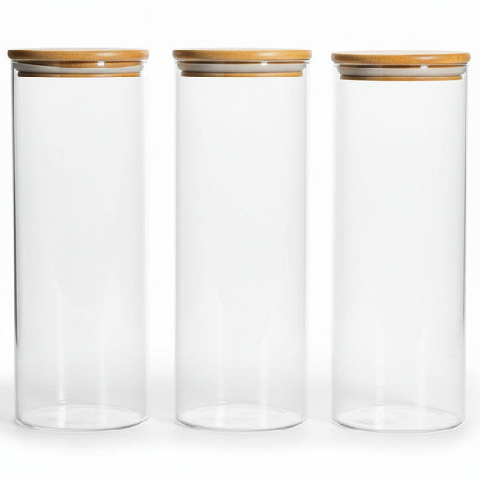 Glass Spaghetti Pasta Storage Container with Lids 2 Qt Set of 3, Tall Clear Airtight Food Storage Jar with Wood Cover Kitchen Pantry Storage Container for Noodles Flour Cereal Coffee Beans