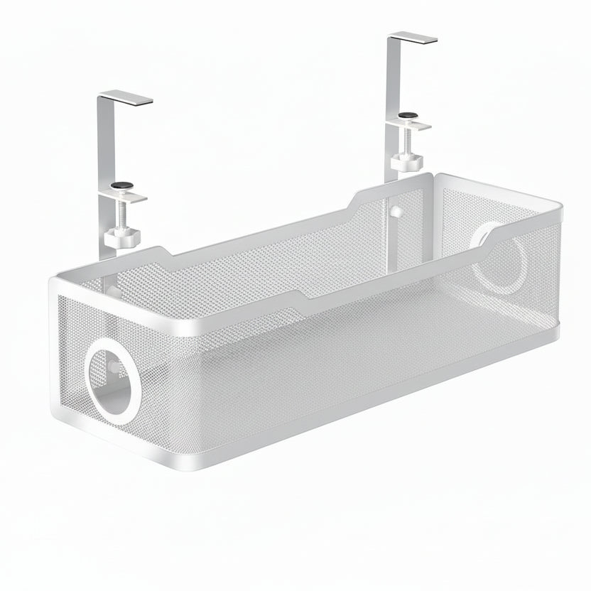 Under Desk Cable Management Tray White,  Wire Organizers No Drill, Cable Tray with Clamp for Wire Management, Cord Organization Box for Office, Home - No Damage to Desk