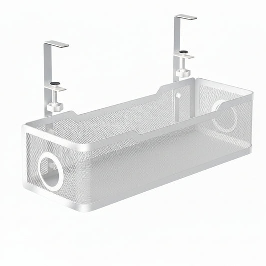 Under Desk Cable Management Tray White,  Wire Organizers No Drill, Cable Tray with Clamp for Wire Management, Cord Organization Box for Office, Home - No Damage to Desk