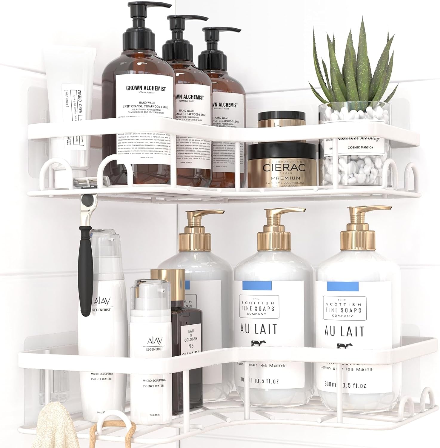 Corner Shower Caddy - 2 Pack, Adhesive Shower Organizers, Rustproof Stainless Steel Shower Shelves with 8 Hooks, No Drilling Bathroom Organizers and Storage Racks, Space-Saving, Silver, Medium