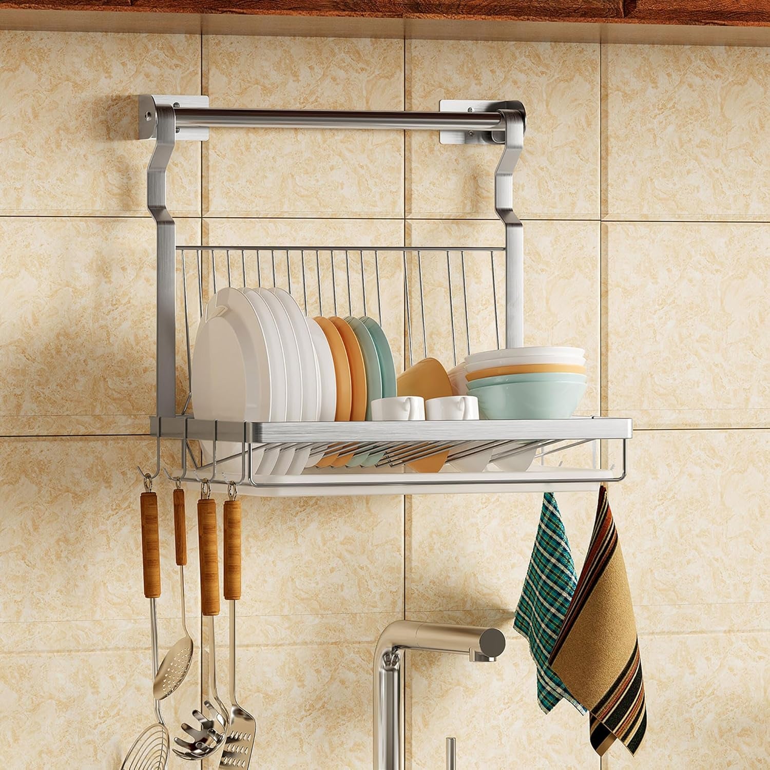 over Sink Dish Drainer Drying Rack, Stainless Steel Foldable Wall Mounted Dish Racks with Drainboard Hanging Rod and Sponge Holder, Silver