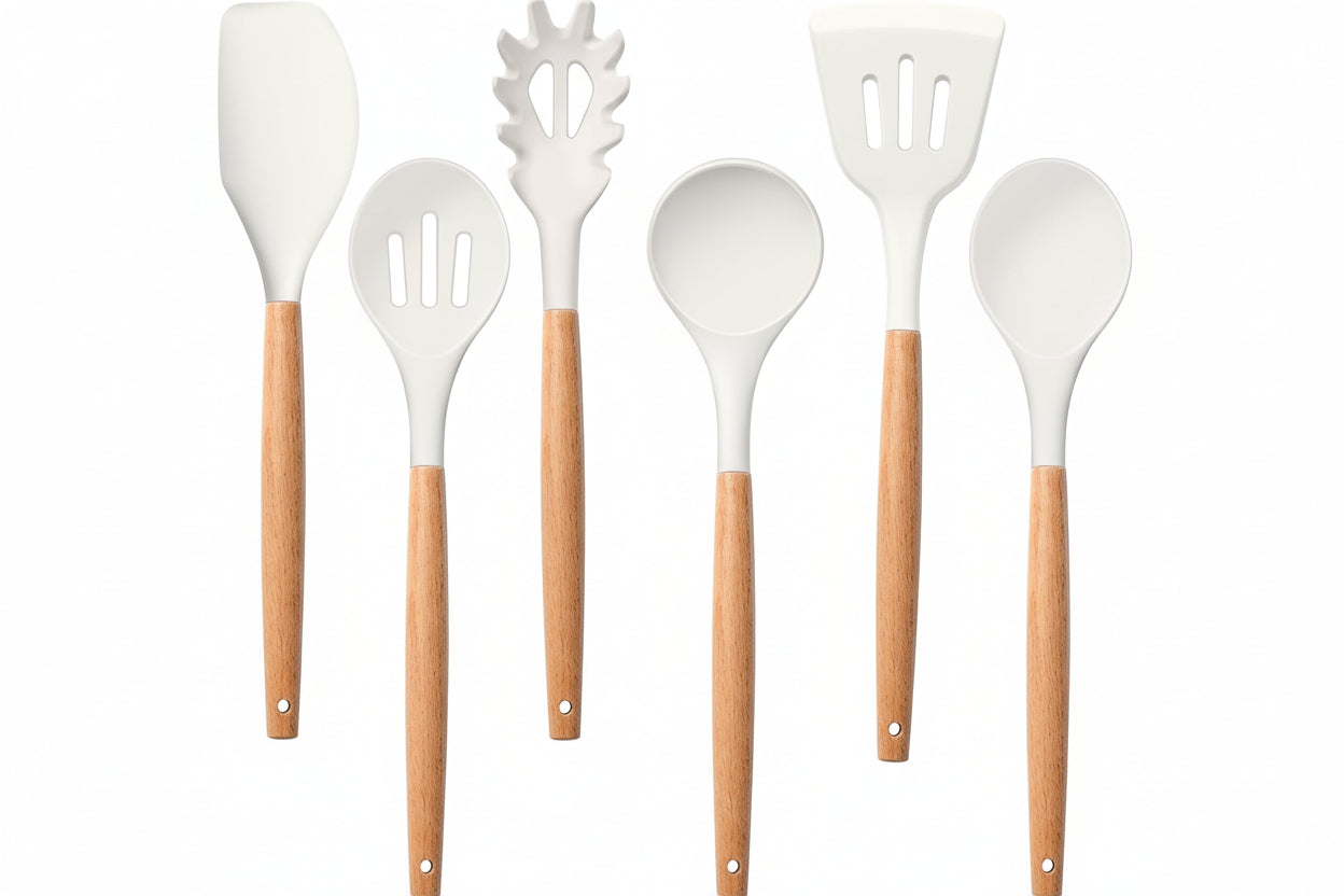 White Cooking Utensils Set of 6, Silicone Kitchen Utensils with Wooden Handle, Non-Stick Cookware Friendly & Heat Resistant, Includes Spatula/Ladle/Slotted Turner/Serving Spoon/Spaghetti Server