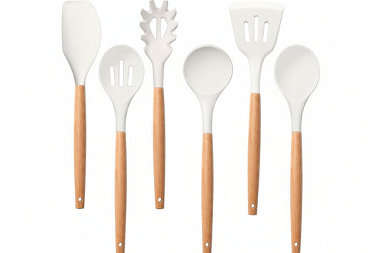 White Cooking Utensils Set of 6, Silicone Kitchen Utensils with Wooden Handle, Non-Stick Cookware Friendly & Heat Resistant, Includes Spatula/Ladle/Slotted Turner/Serving Spoon/Spaghetti Server