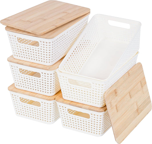 Small Storage Bins with Lids 6 Packs, Plastic Storage Basket with Bamboo Lid for Pantry Organization and Storage Containers for Shelves Drawers Desktop Closet Playroom Office Home, White