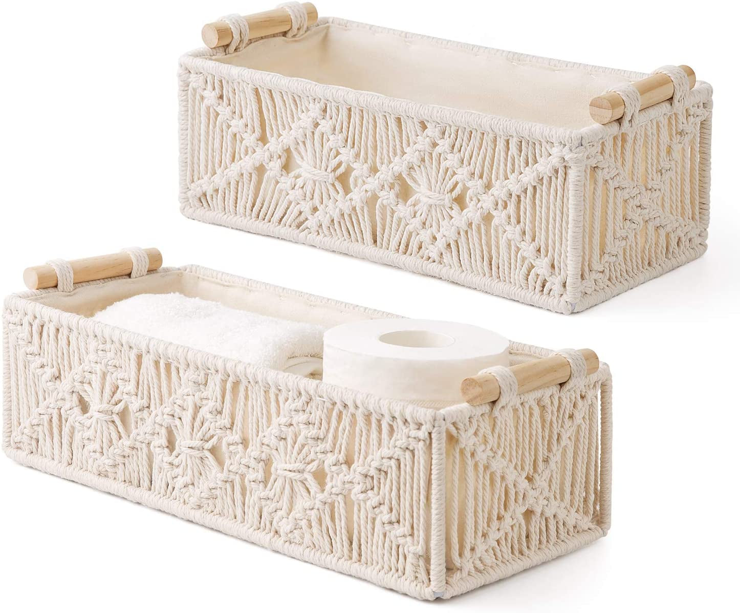Macrame Storage Baskets Boho Decor Box Handmade Woven Decorative Countertop Toilet Tank Shelf Cabinet Organizer for Bedroom Livingroom Home, Set of 2, Ivory
