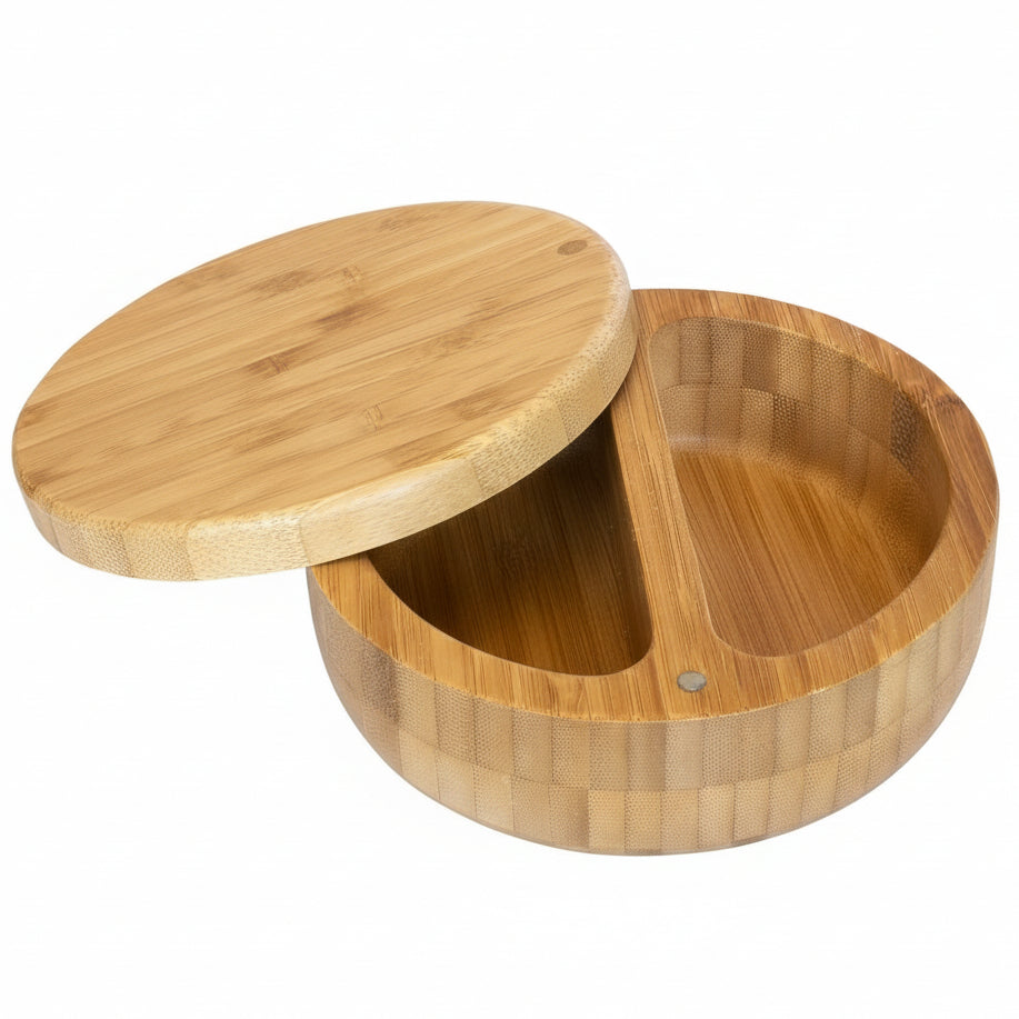 Salt Keeper Duet – Bamboo Salt Cellar with Dual Compartments for Salt and Pepper or Spices, Magnetic Swivel Lids, Natural Bamboo Salt Box, 8 Ounce Capacity