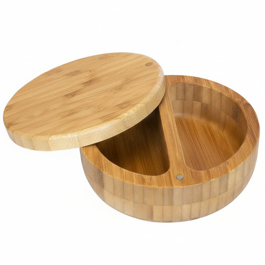 Salt Keeper Duet – Bamboo Salt Cellar with Dual Compartments for Salt and Pepper or Spices, Magnetic Swivel Lids, Natural Bamboo Salt Box, 8 Ounce Capacity