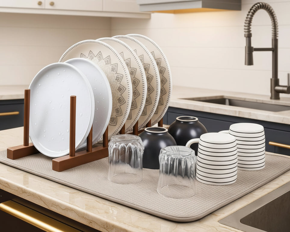 XXL Dish Mat 24" X 17" ( LARGEST MAT ) Microfiber Dish Drying Mat , Super Absorbent ( Ivory )