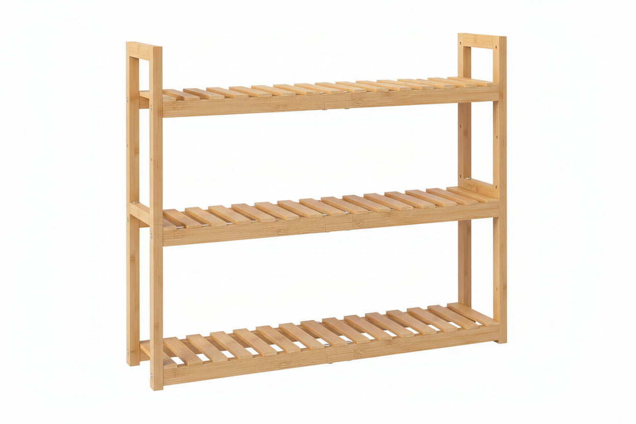 Bamboo Organizer Rack - Adjustable 3-Tier Storage Shelf, Wall Mounted or over the Toilet, Living Room, Kitchen (Natural)