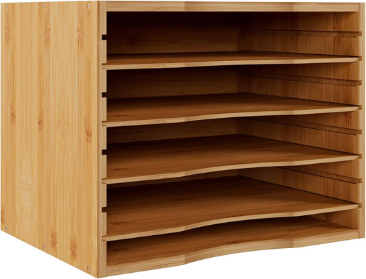 Bamboo 5 Tier Desktop Organizer, Paper Organizer Mail Sorter, File Holder Letter Document Storage with Adjustable Shelves for School Home Office, Natural