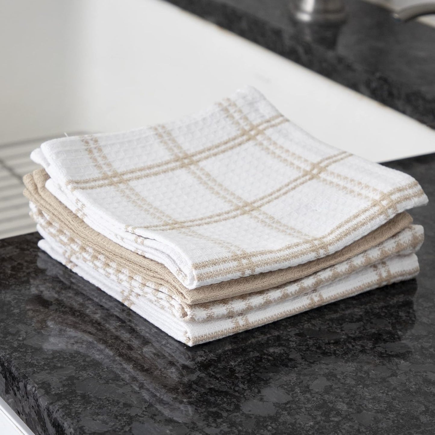 Premium Waffle Dish Cloths: Highly Absorbent, Super Soft Long Lasting - 100% Cotton, 12"X13" Flat Waffle Dish Towel for Cleaning & Drying Dishes, (4-Pack), Sand