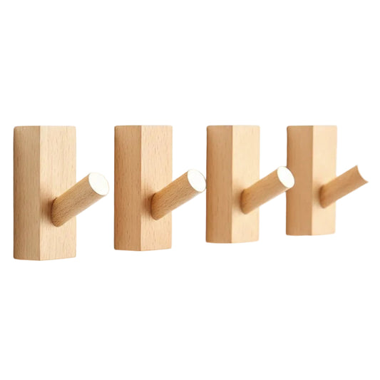 4Pack Adhesive Wall Hooks Hat Rack, Wooden Coat Hooks Wall Mounted, Decorative Hooks Single Organizer Hat Hanger Towel Rack, Heavy Duty Hooks (Rectangle-Beech,4P)