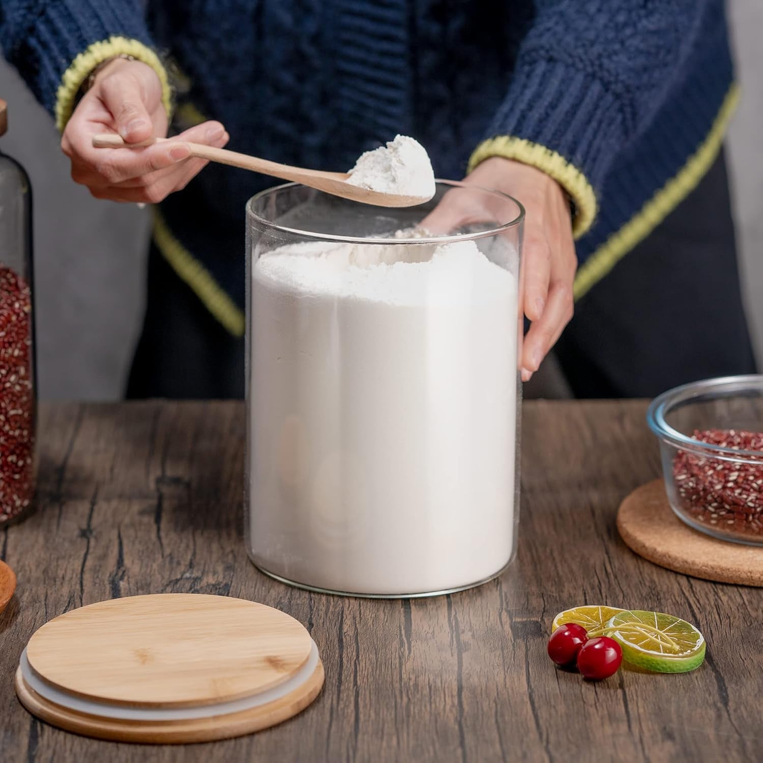 Glass Storage Jars,2 PACK -108Oz/3200Ml Clear Glass Food Storage Containers with Airtight Bamboo Lid Stackable Kitchen Canisters for Candy,Cookie,Rice,Sugar,Flour,Pasta,Nuts and Spice Jars