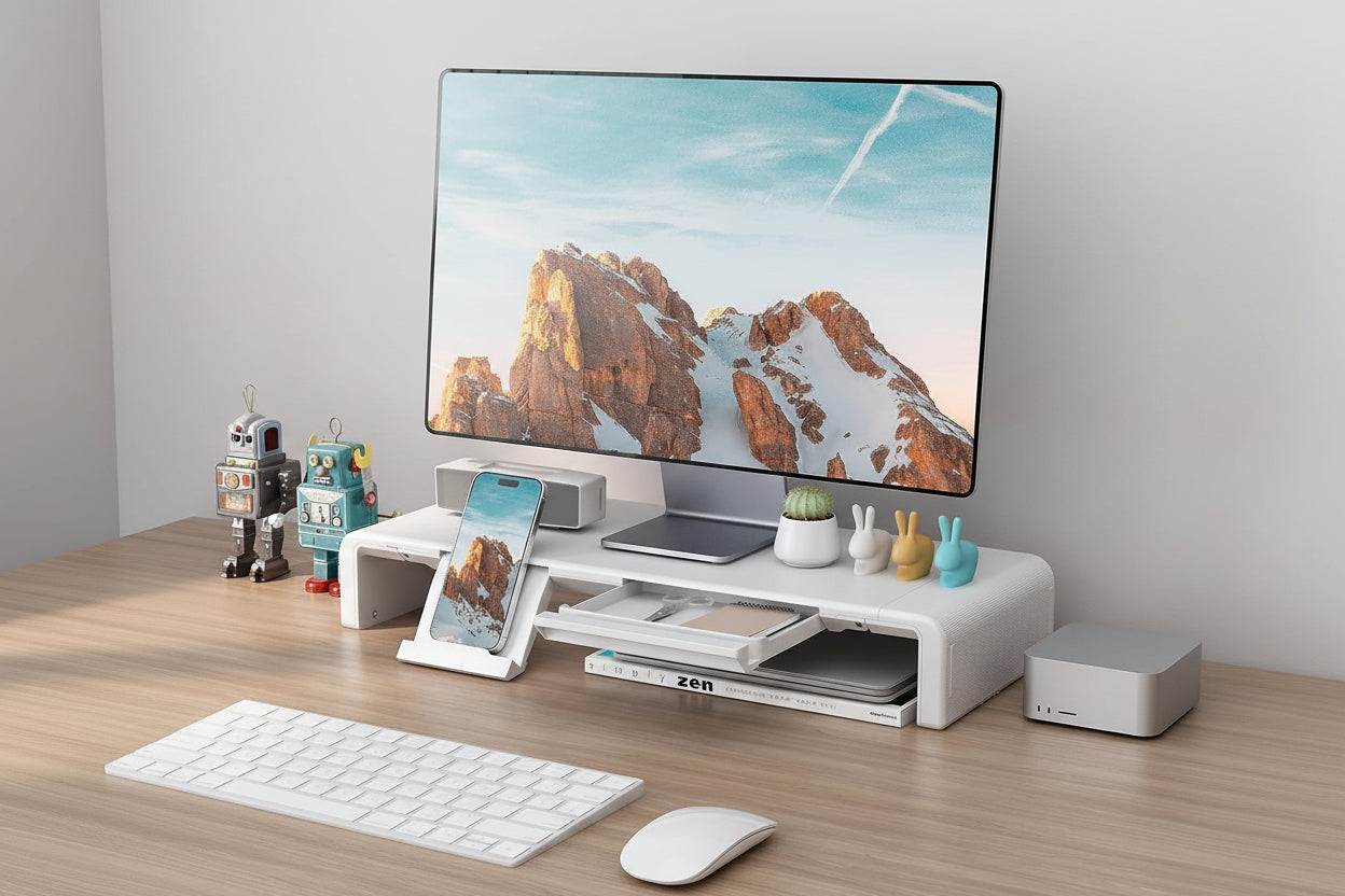 Monitor Stand Riser, Klearlook Foldable, Height Adjustable Computer Stand, Desk Shelf Riser with Storage Drawer &Tablet Phone Stand for Desktop, Laptop (White)