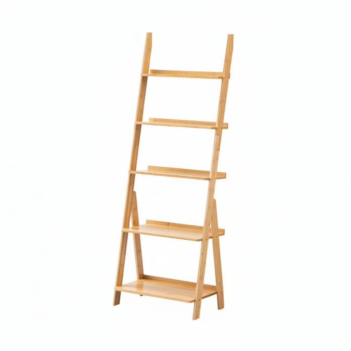 Bamboo Ladder Shelf Bookcase, 4-Tier Leaning Bookshelf Free Standing Organizer Storage Shelves for Living Room, Bedroom, Kitchen, Home Office, Balcony, Wood Color