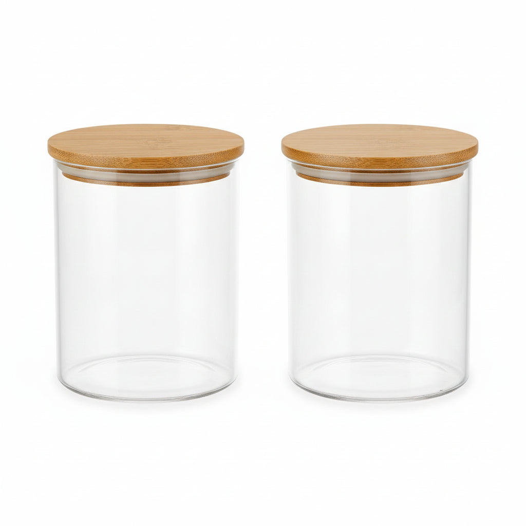Glass Qtip Holder Dispenser with Bamboo Lid - 2 Pack Apothecary Jars - Cotton Balls Pads Swabs Holder Jar - Bathroom Vanity Canisters Jars for Countertop Storage and Organization