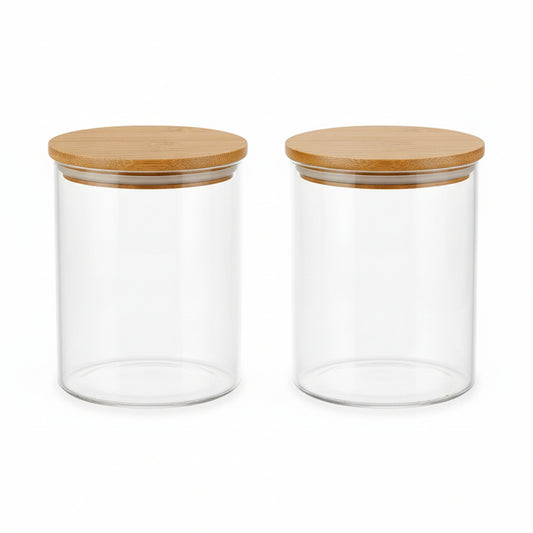 Glass Qtip Holder Dispenser with Bamboo Lid - 2 Pack Apothecary Jars - Cotton Balls Pads Swabs Holder Jar - Bathroom Vanity Canisters Jars for Countertop Storage and Organization