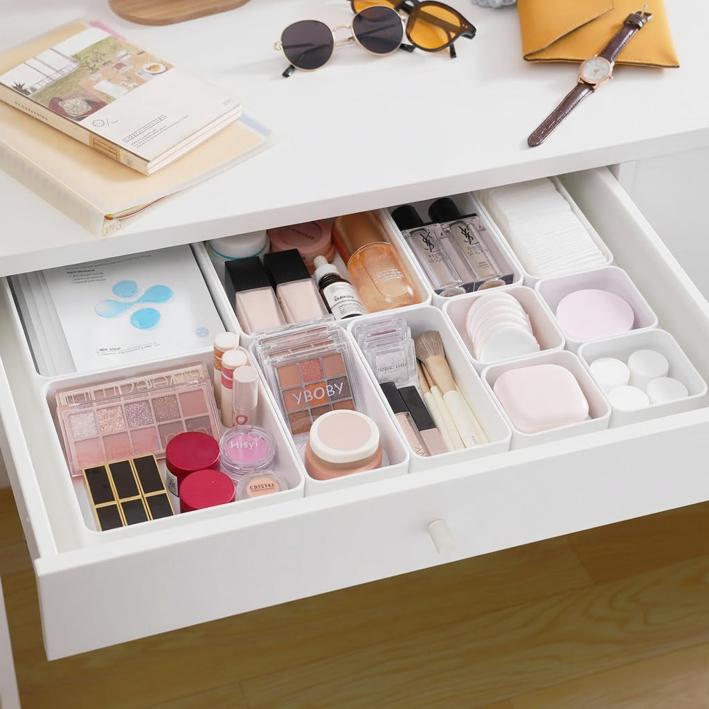 11-Piece Stackable Drawer Organizer Set, Multi-Size Desk Drawer Organizer Trays Vanity Storage Bins for Storing Makeup, Stationery, Utensils in Bathroom Dresser, Office and Kitchen