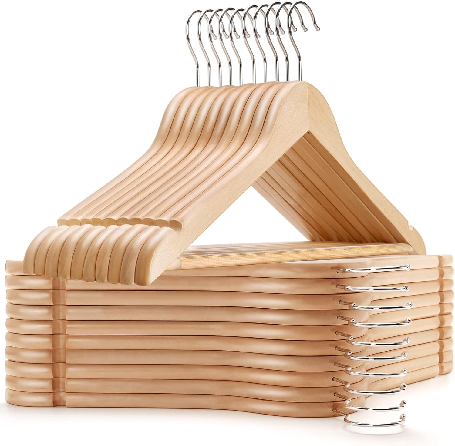 20 Pack Wooden Coat Hangers, Natural Wood Suit Hangers with Non Slip Pant Bar, Clothes Hangers for Shirts, Jackets, Dress, Pant (Natural, 20)