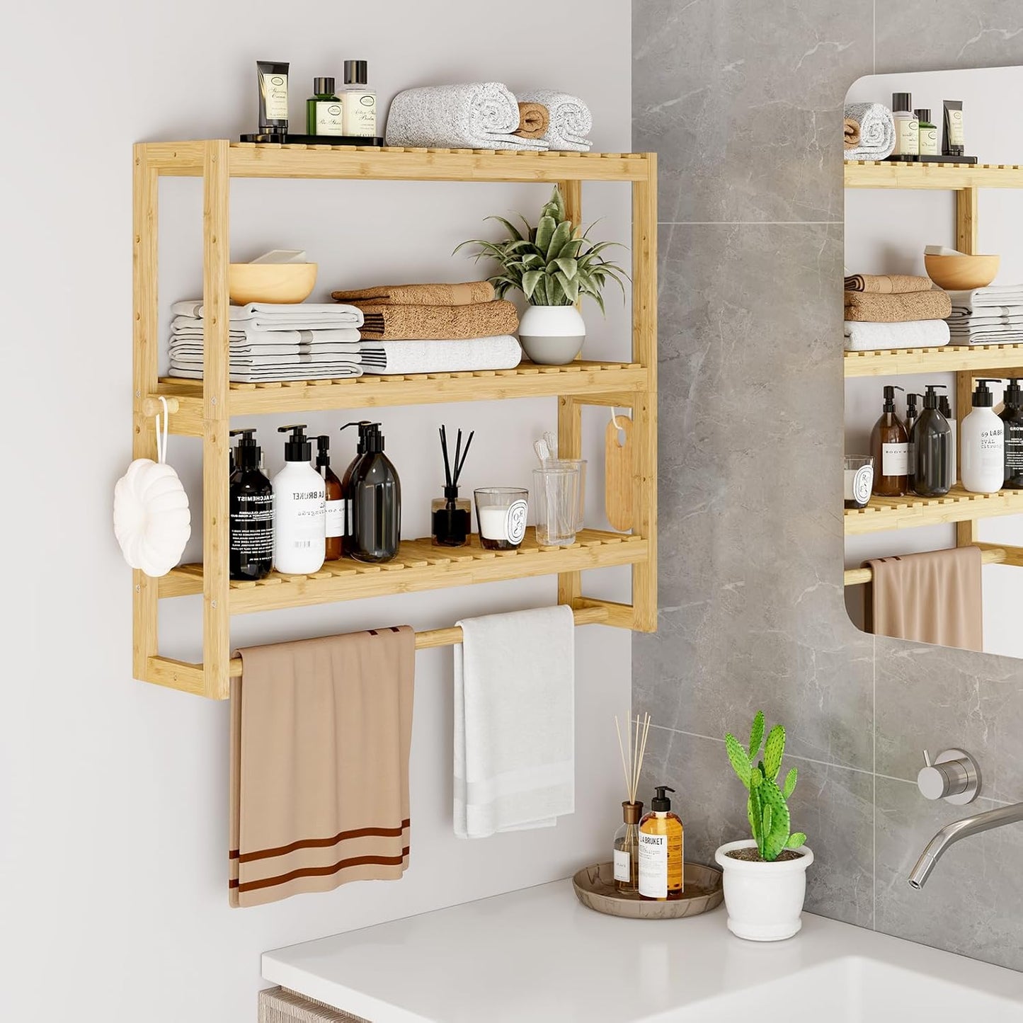 Bathroom Shelf Storage Organizer, Bathroom Shelf 3-Tier Adjustable Layer Bamboo Organizer with Bar, Hanging, Freestanding over Toilet Utility Shelves, Beige