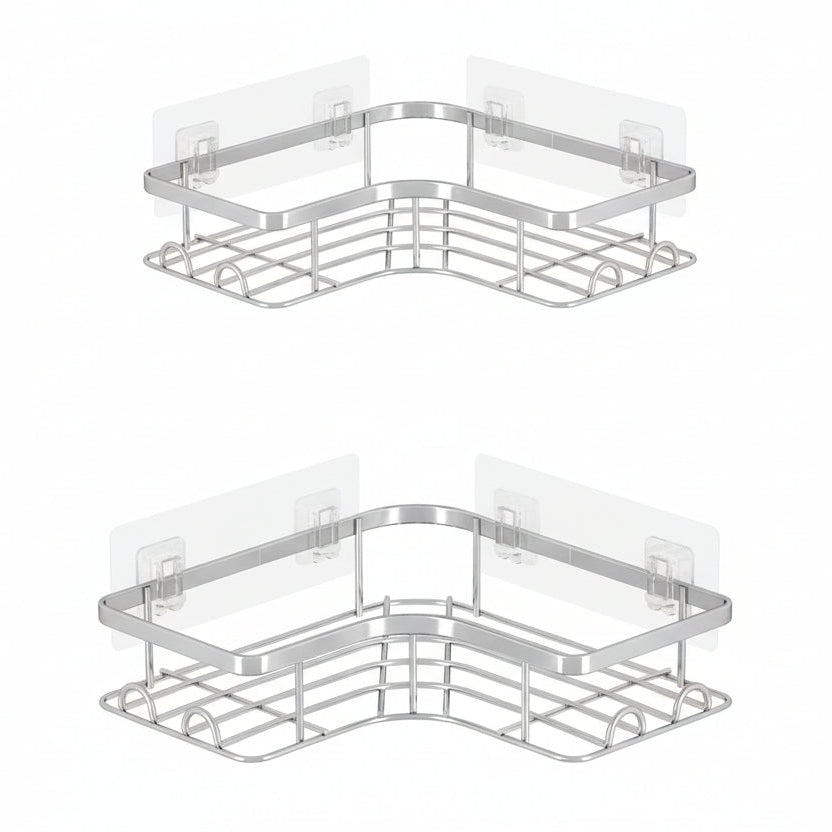 Corner Shower Caddy - 2 Pack, Adhesive Shower Organizers, Rustproof Stainless Steel Shower Shelves with 8 Hooks, No Drilling Bathroom Organizers and Storage Racks, Space-Saving, Silver, Medium