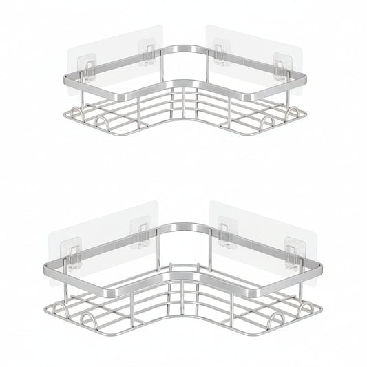 Corner Shower Caddy - 2 Pack, Adhesive Shower Organizers, Rustproof Stainless Steel Shower Shelves with 8 Hooks, No Drilling Bathroom Organizers and Storage Racks, Space-Saving, Silver, Medium