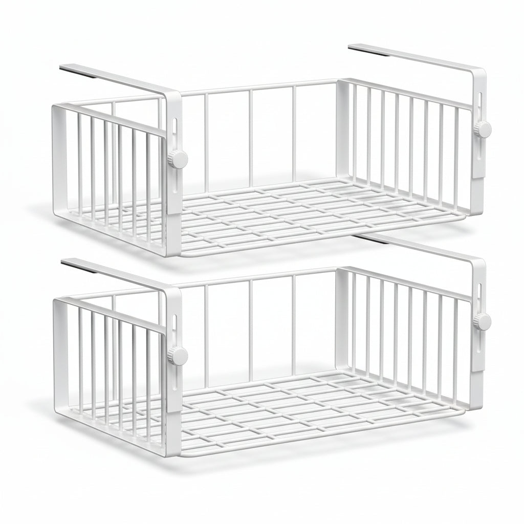 2Pack under Shelf Basket Organizer,Adjustable Hanging Holder Storage for Cabinet Pantry Kitchen Cupboard Desk Counter Bookshelf Organization Add-On Space Saver Heavy Duty Slide-In,White