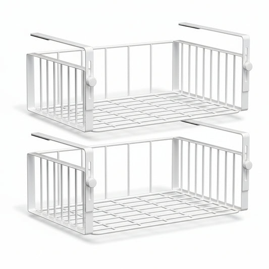 2Pack under Shelf Basket Organizer,Adjustable Hanging Holder Storage for Cabinet Pantry Kitchen Cupboard Desk Counter Bookshelf Organization Add-On Space Saver Heavy Duty Slide-In,White