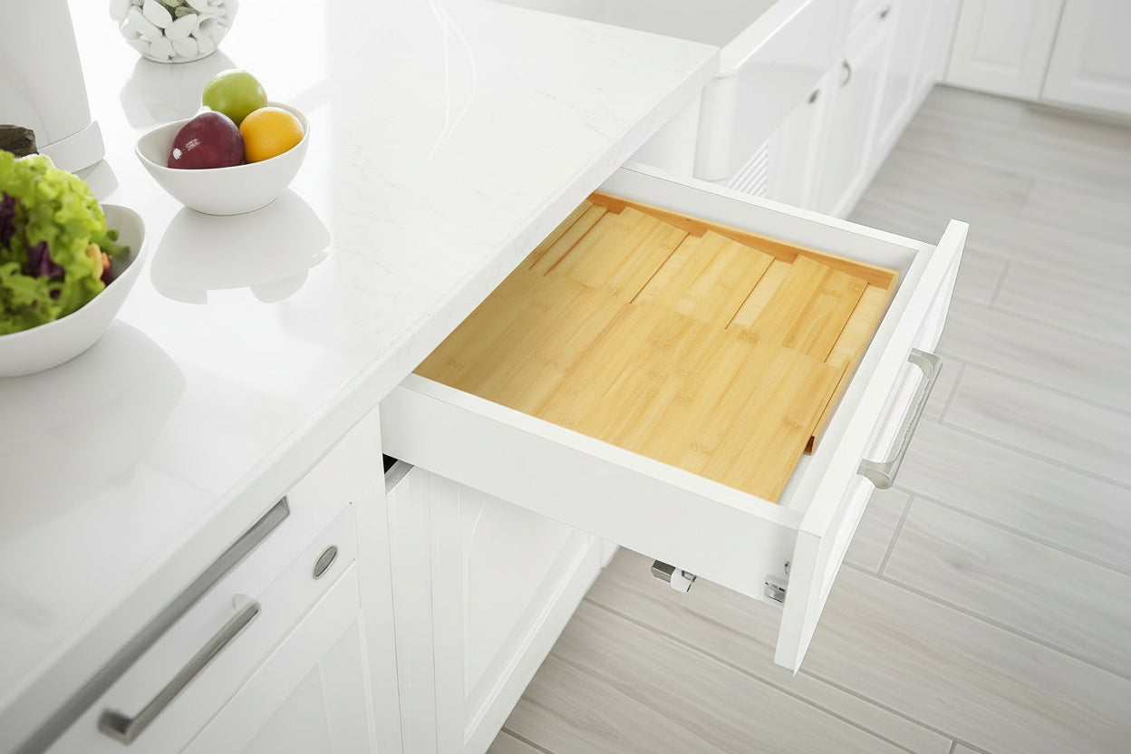 Bamboo Spice Drawer Organizer, (Need 3.1” Deep Drawer) Expandable 4 Tier Spice Rack for Cabinet (From 12" to 23" Wide), Seasoning Storage Insert, Spice Organizer for Drawer,Jars Not Included