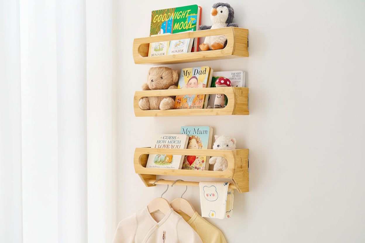Floating Shelves for Wall, Premium Bamboo Wood, Fully Assembled - Nursery Book Shelves, Nursery Decor, Book Shelf for Kids Rooms, Wall Mounted Bookshelves, Set of 3 Natural