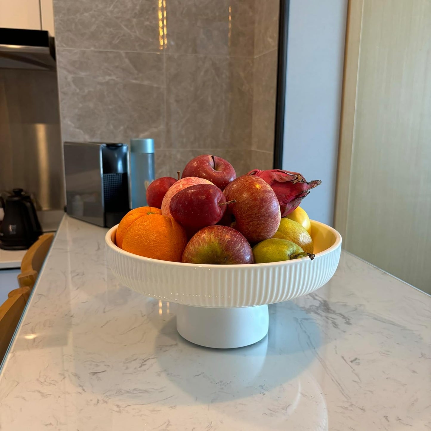 Ceramic Fruit Bowl,11" Decorative Bowl, Large Fruit Bowl for Kitchen Counter, Pedestal Bowl, Kitchen Counter Décor, Bread Candy Snacks Organizer, White (5.3 Lbs, 68Oz)