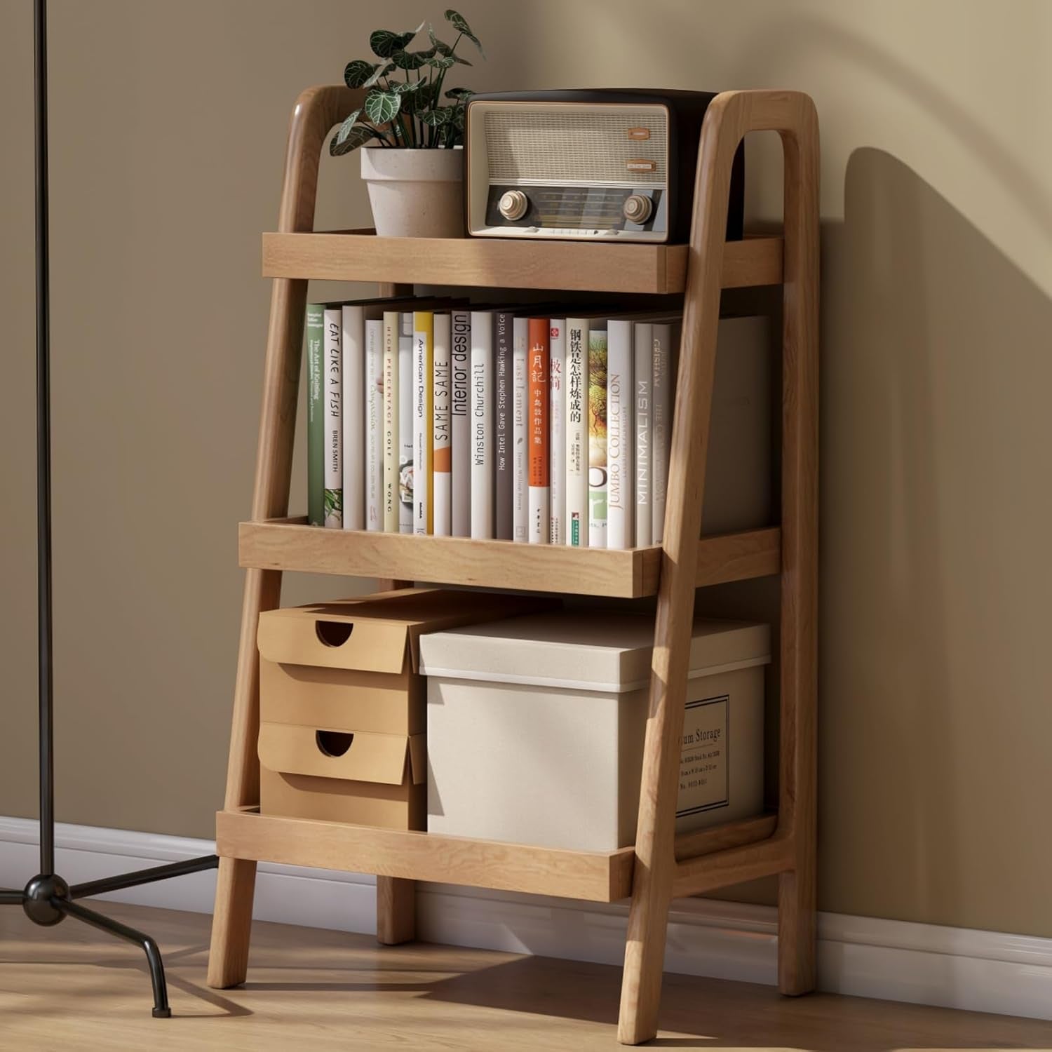 100% Solid Oak 3 Tier Ladder Shelf, Small Bookshelf, Ladder Bookshelf, Bookcase with Stable Frame, Small Table for Living Room Bedroom(Natural, 12.6" L X 17.72" W X 31.5" H)