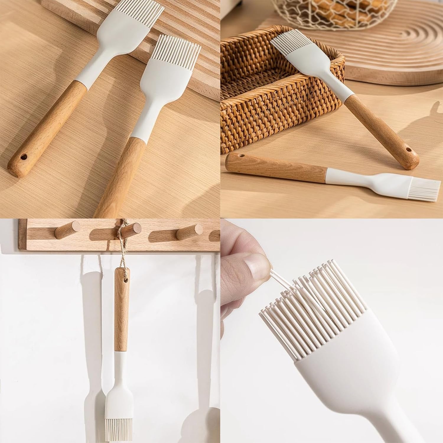 2Pcs Silicone Oil Brush with Wooden Handle,Durable Basting Brush Pastry Brush,Easy to Clean,White Food Brushes for Cooking Baking Grilling