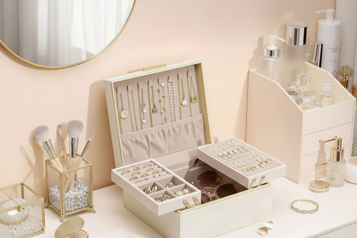 Jewelry Box Organizer for Women Girls, 2 Layer Jewelry Organizers and Storage for Necklace Earrings Rings Bracelets, Large Jewellery Holder Case Birthday Christmas Gifts -Cream