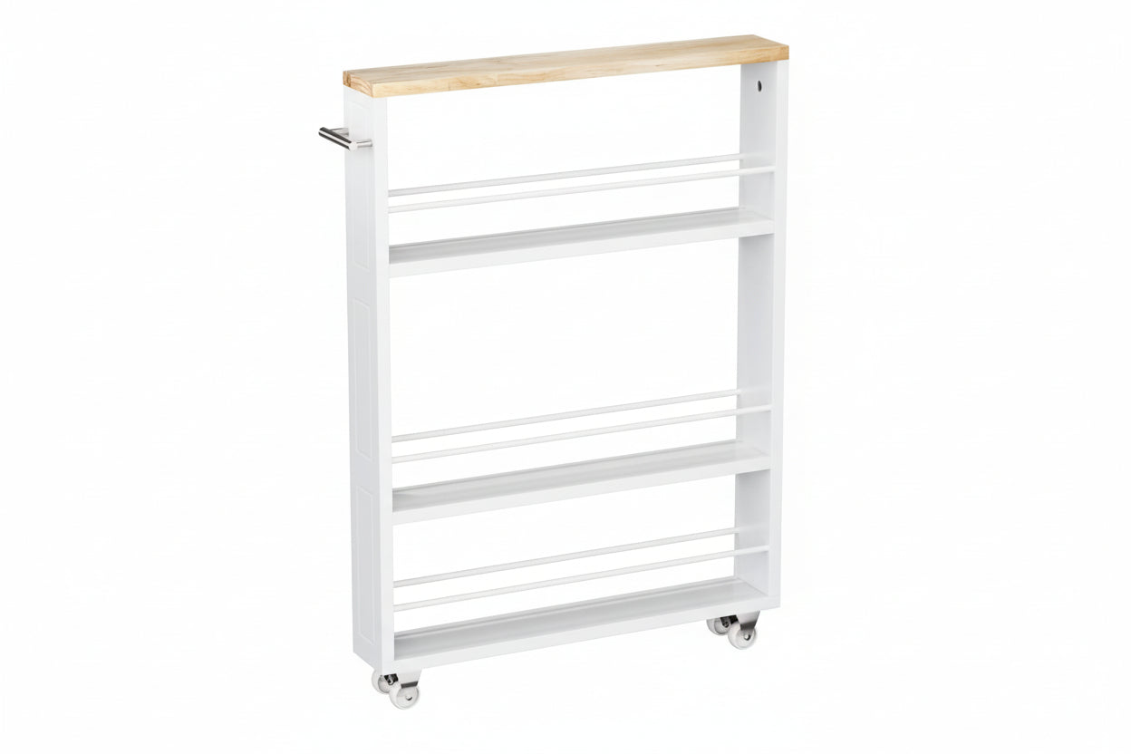 4 Tier White Slim Storage Cart with Handle, Slide Out Storage Rolling Utility Cart for Kitchen, Laundry, Narrow Places