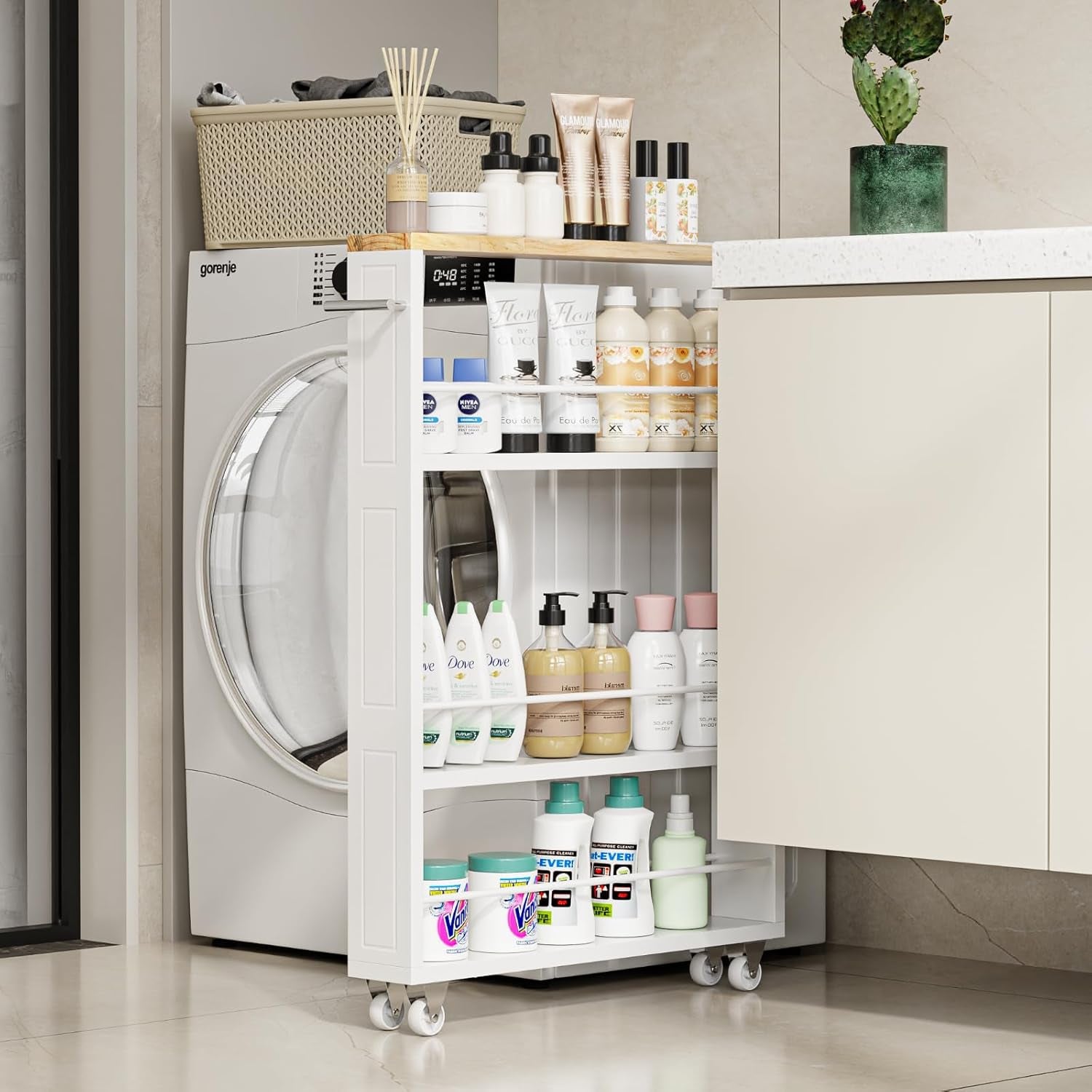 4 Tier White Slim Storage Cart with Handle, Slide Out Storage Rolling Utility Cart for Kitchen, Laundry, Narrow Places