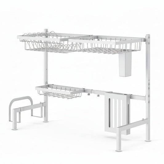 Over the Sink Dish Drying Rack - Adjustable 2 Tier Large Capacity Stainless Steel Drainer with Cutlery & Utensil Holders, Kitchen Storage & Organization, 30"-33.9" L X 11" W X 21.5" H, White