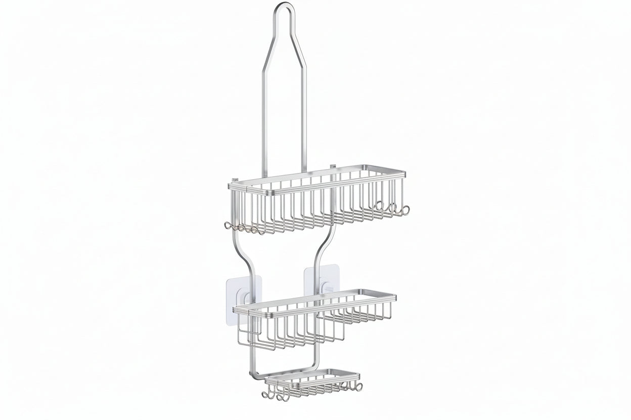 Shower Caddy Hanging - Never Rust Shower Organizer - Aluminum over the Head Caddy with 10 Hooks for Razor/Sponge - Rack with Soap Basket - Silver