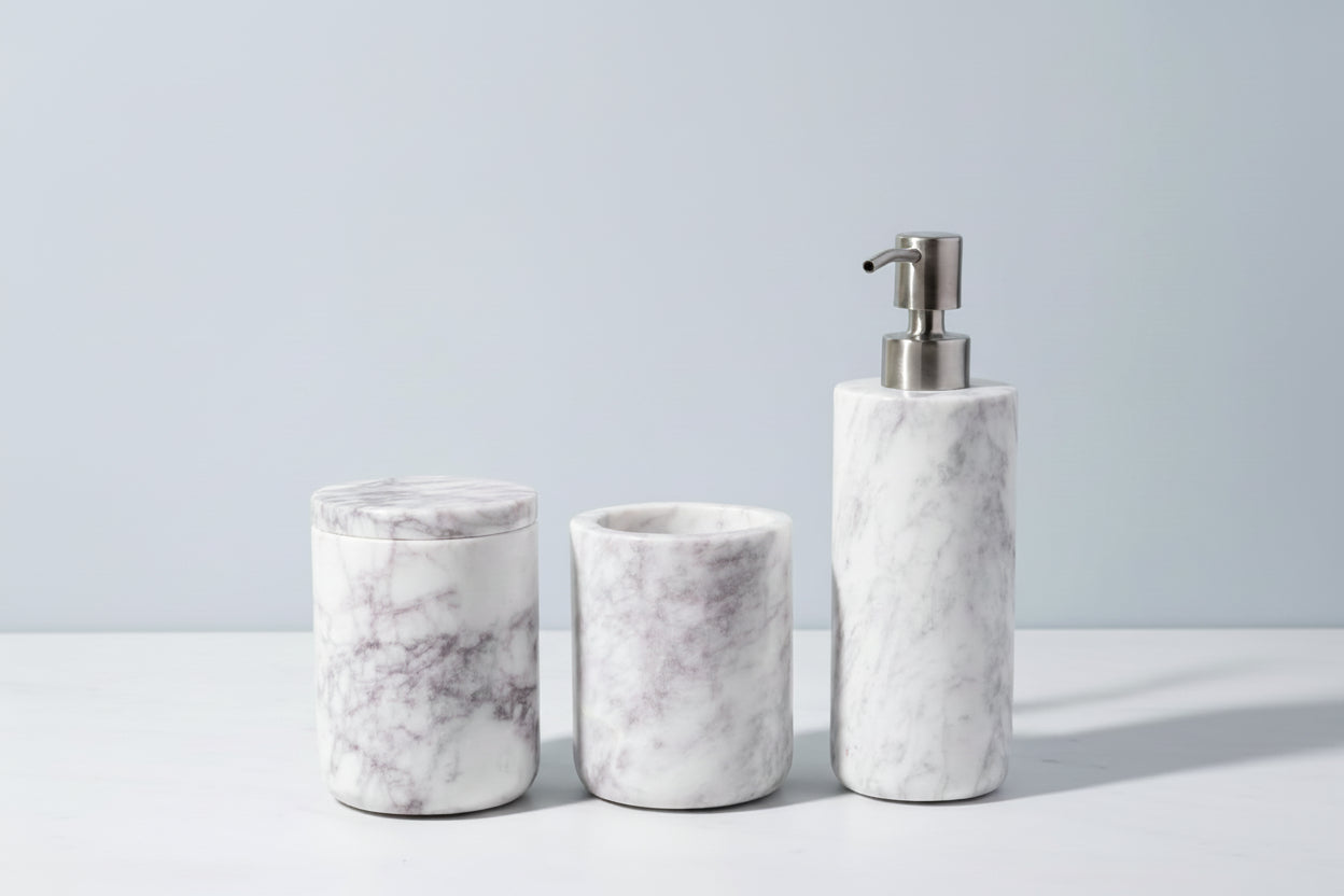 Marble Bathroom Accessories Set, Complete 3 Piece Set with Soap Dispenser, Toothbrush Holder & Canister with Lid for Qtips, White Marble Bath Countertop Vanity Decor Organizer