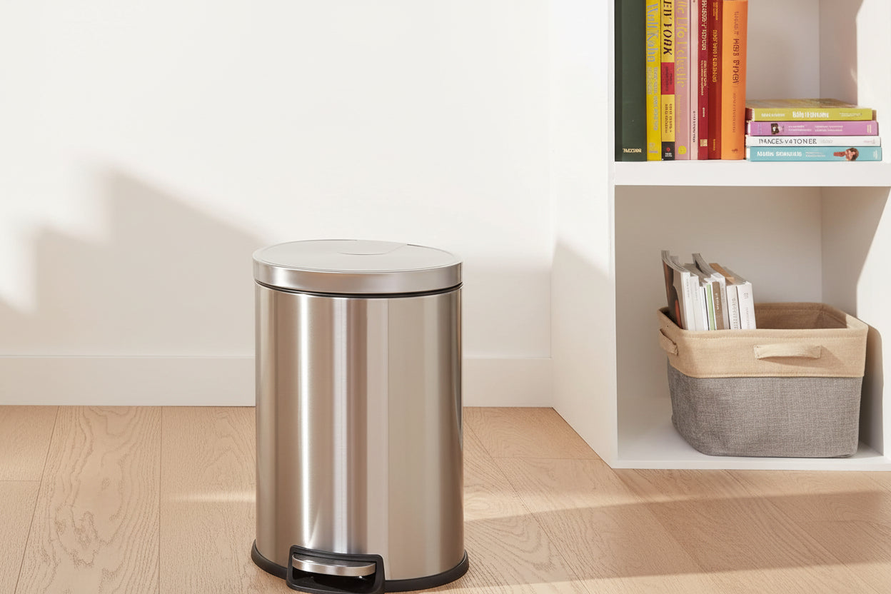 round Cylindrical Home Office Trash Can with Soft-Close Foot Pedal, 20 L /5.3 Gallon, Brushed Stainless Steel