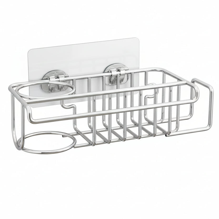 4 in 1 Sink Caddy Sponge Holder, SUS304 Stainless Steel Kitchen Brush Holder + Dish Cloth Hanger + Soap Rack + Sink Stopper Rack + Sponge Caddy for Kitchen - Silver