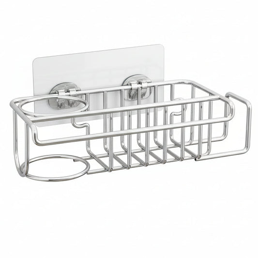 4 in 1 Sink Caddy Sponge Holder, SUS304 Stainless Steel Kitchen Brush Holder + Dish Cloth Hanger + Soap Rack + Sink Stopper Rack + Sponge Caddy for Kitchen - Silver