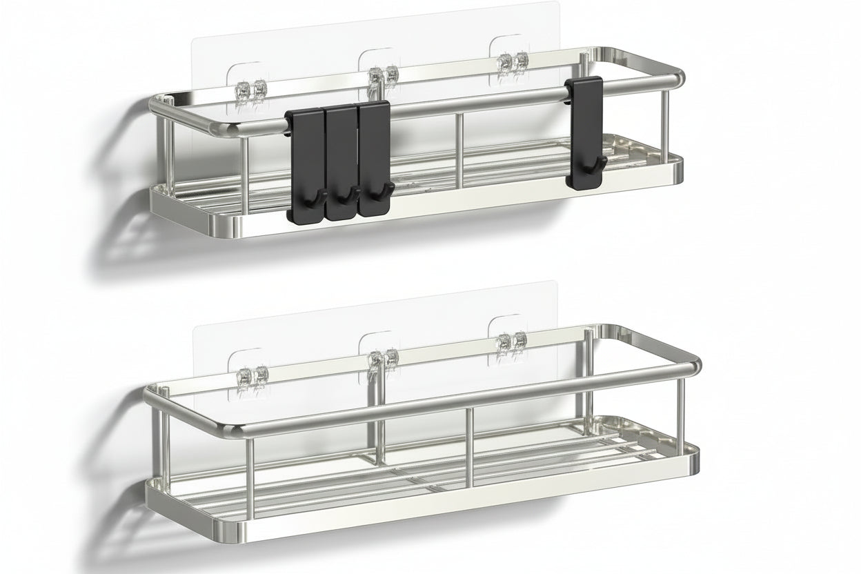 Shower Caddy Adhesive, No Drill Bathroom Shower Organizers, with Removable Hooks, Rust Proof Shower Shelves, Wall-Mounted Shower Holder, 2 Pack Silver