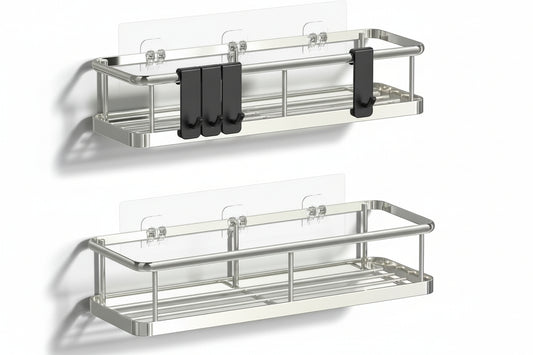 Shower Caddy Adhesive, No Drill Bathroom Shower Organizers, with Removable Hooks, Rust Proof Shower Shelves, Wall-Mounted Shower Holder, 2 Pack Silver