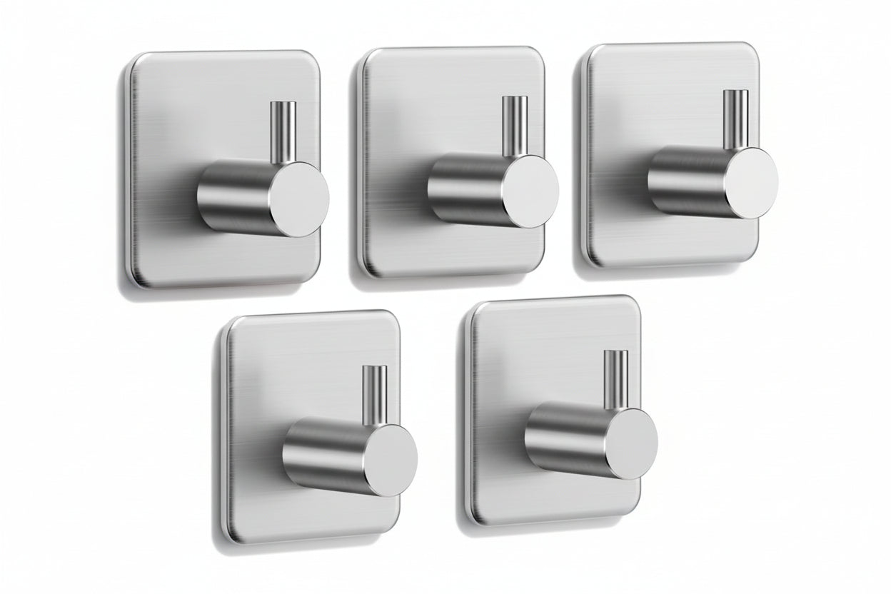 Adhesive Hooks Heavy Duty 30Lb(Max) Wall Hooks, 5 Pack Damage Free Stainless Steel Hanger for Hanging Coat, Hat, Towel Robe, Waterproof Oilproof Rustproof Hook for Bathroom Shower Kitchen Office