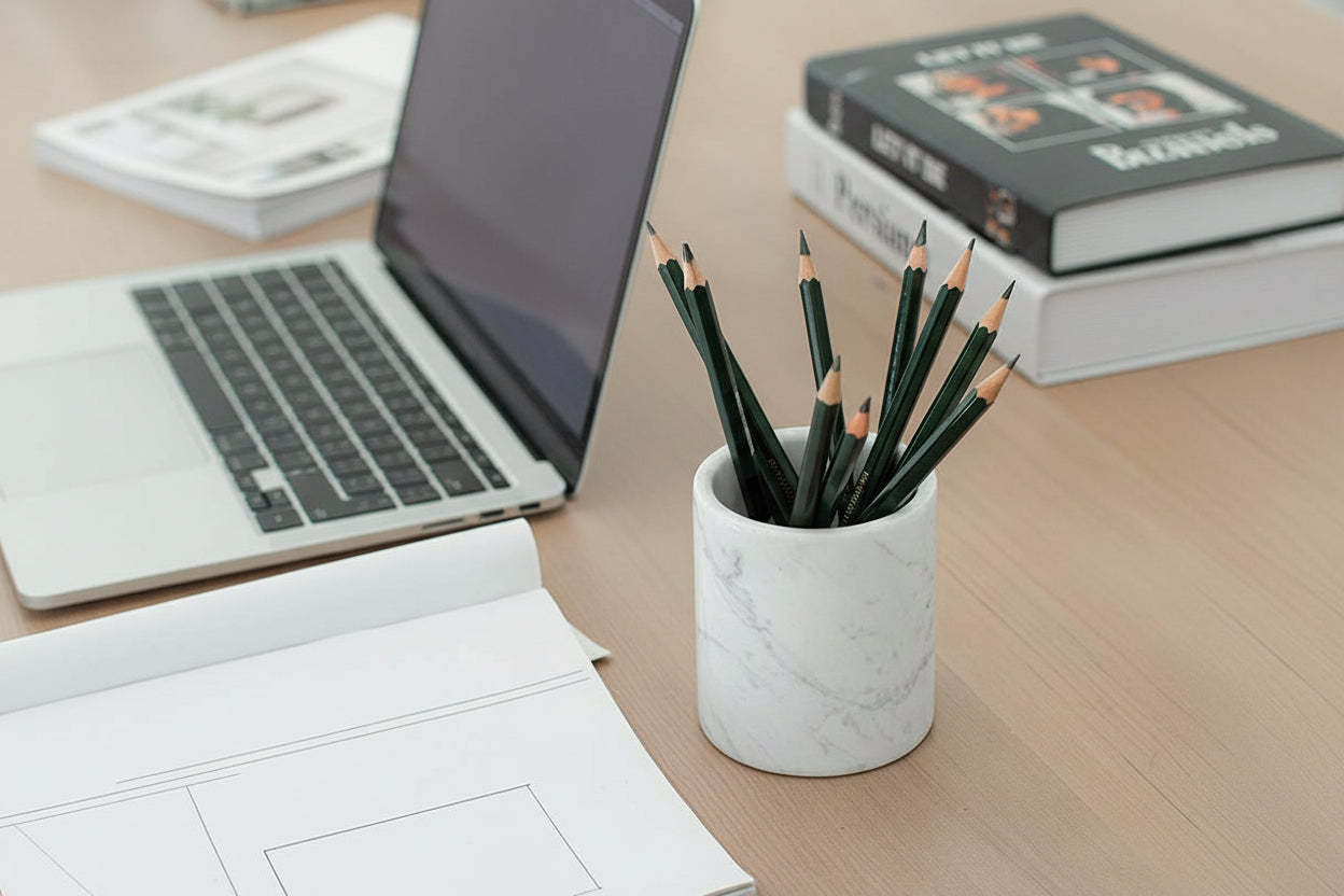 Natural Marble Pencil Pen Holder Stand for Desk, Makeup Brush Cup for Girls, Bathroom Tumbler Cup, Durable Office & Home Organizer Pencil Holder (White)