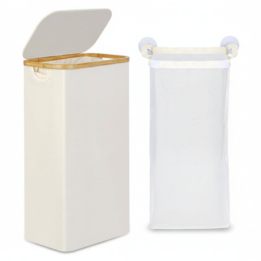 Slim Laundry Basket with Lid, Narrow Laundry Hamper with Removable Bag, Skinny Dirty Clothes Basket with Bamboo Handles for Bathroom, Bedroom & Laundry Room, 75L Beige